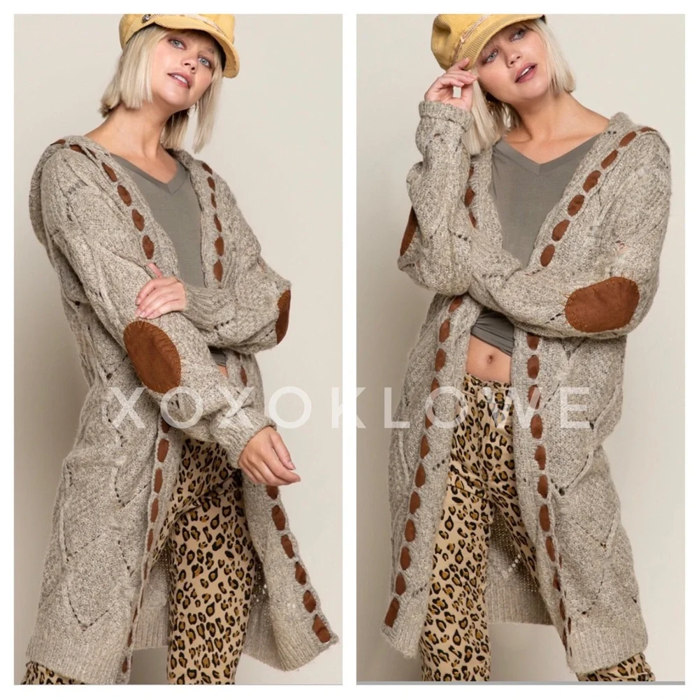 1 L POL Hooded Cardigan Open Front Diamond Weave Faux Suede Detail - Picture 10 of 13